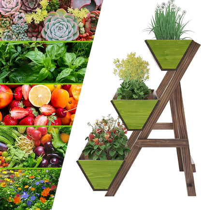 3-Tiers Wooden Raised Garden Bed Tiered Planter Box Vertical Garden Planter Wood Plant Stand for Patio, Balcony, Freestanding (Carbonized L)