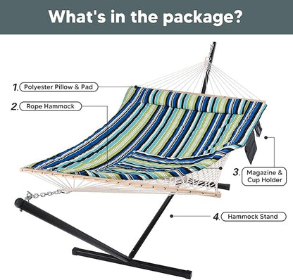 SUNCREAT Hammocks Double Cotton Rope Hammock with Polyester Pad, Heavy Duty Hammock with Steel Stand, Blue&Green