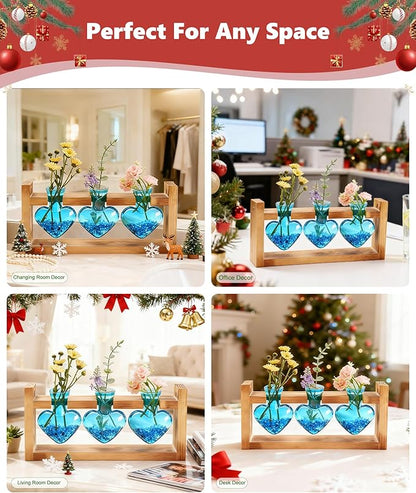 Nacome Plant Terrarium Propagation Stations: Birthday Gifts for Plant Lovers Women Mom Wife - Wooden Stand Tabletop Planter 3 Bulb Glass Vase Heart Shaped for Hydroponics Indoor Home