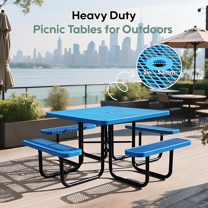 46" Square Picnic Table for Outside,Heavy Duty Metal Picnic Table Bench Set with 2in Umbrella Hole, 1600 lb Capacity,Commercial Dining Table Furniture for Garden Yard Patio Party Coffee Shop