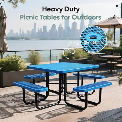 46" Square Picnic Table for Outside,Heavy Duty Metal Picnic Table Bench Set with 2in Umbrella Hole, 1600 lb Capacity,Commercial Dining Table Furniture for Garden Yard Patio Party Coffee Shop