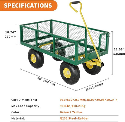 900 Lbs Garden Wagon, 2-in-1 Heavy-Duty Steel Garden Cart, with 10 Inch All-Terrain Tires and Removable Mesh Side Panels, 180° Rotating Handle, Metal Multi-Function Carts, Outdoor Gardens Wagon Cart