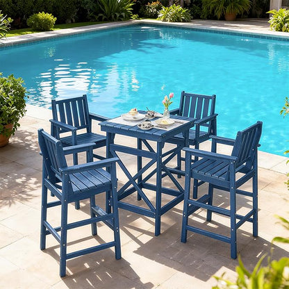 QUASCO Outdoor Adirondack Bar Chairs and Table Set of 5, HDPE Patio Bar Height Table and 4 Adirondack Chairs, All Weather Outdoor Bar Stools Set for Bistro, Poolside, Balcony, Navy