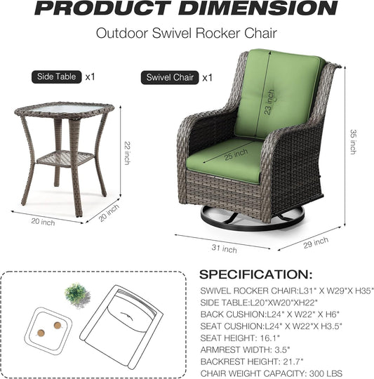 Joyside Outdoor Swivel Rocker Patio Chair and Matching Side Table - 2-Piece Wicker Patio Bistro Set with Premium Fabric Cushions (Brown Mixed with Grey/Green)