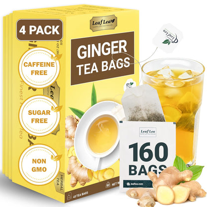 LeafLea 160 Ginger Tea Bags, Pure Ginger Root Herbal Tea, Spicy & Comforting, Supports Digestion & Immune Health, Caffeine Free, Sugar Free, Non-GMO, Vegan, Individually Wrapped for Freshness