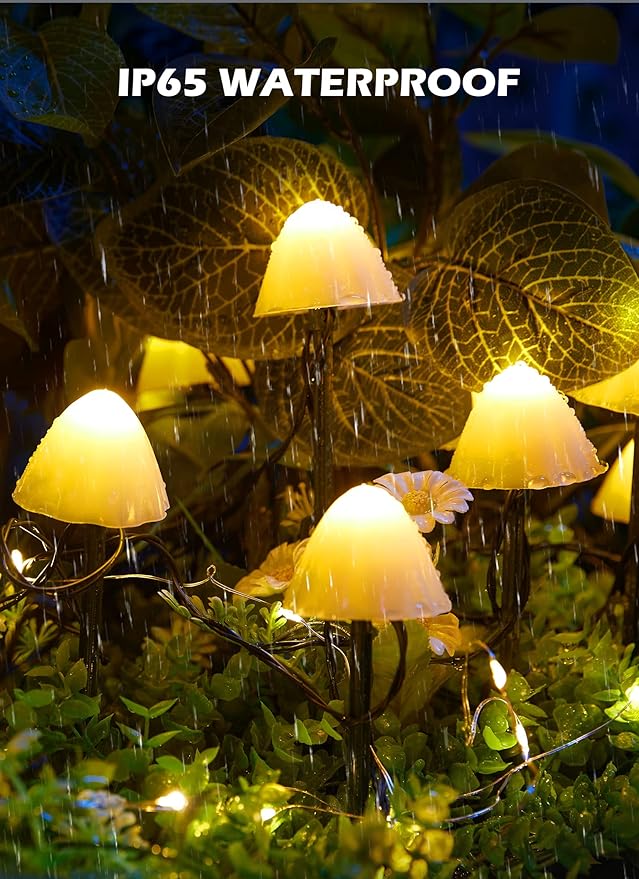 Solar Mushroom Garden Lights for Outside, 20 LED 32.8FT Solar Pathway Lights Outdoor Waterproof for Fence with 8 Lighting Modes for Patio Yard Decorative