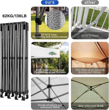 COBIZI 10x30 Pop up Canopy, Heavy Duty Outdoor Party Tents for Parties, Ez up UPF 50+ Waterproof Commercial Canopy with Wheeled Bag can fold, White(Windproof Upgraded)
