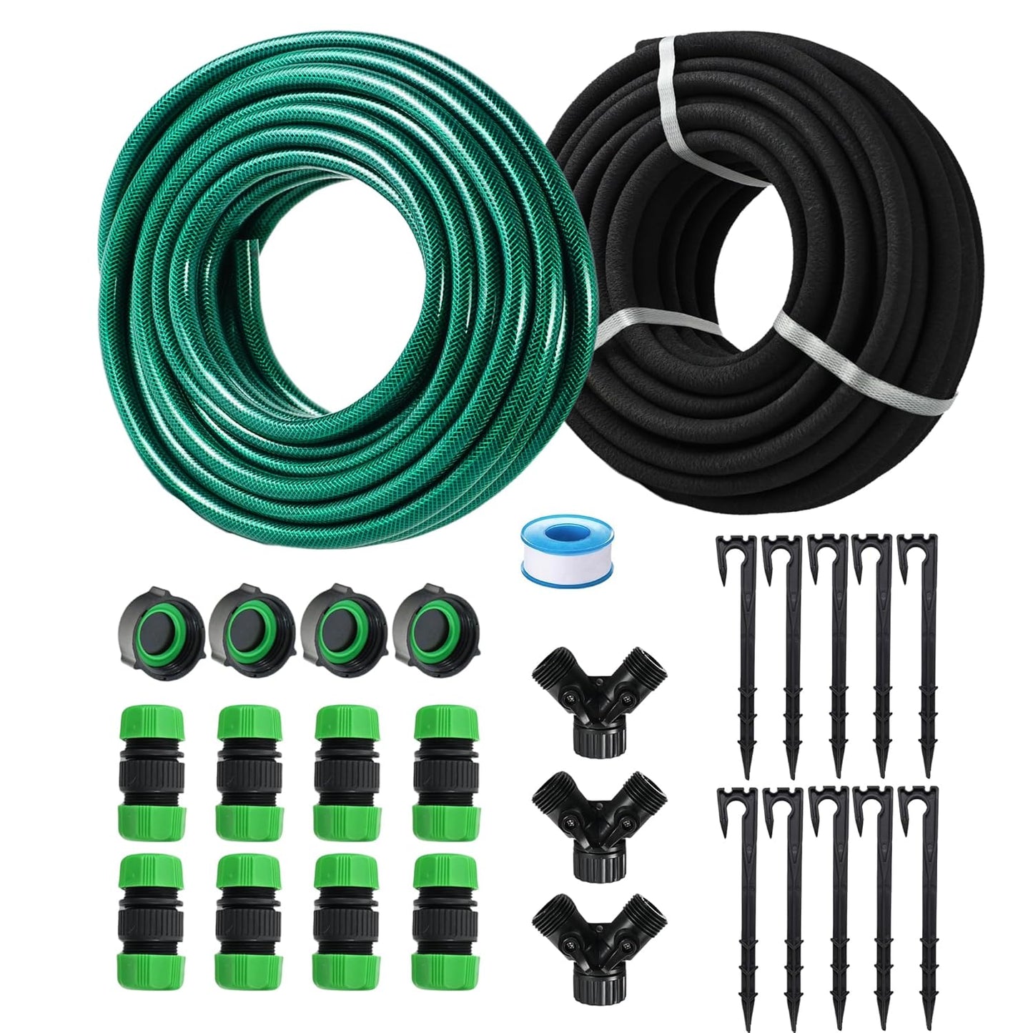 Customizable Soaker Hose System, 1/2inch 75ft Rubber Hose with 50ft PVC Garden Hose, Drip Irrigation Watering Hose with Reinforced Fittings for Flowers Bed Foundation, Lawn, Vegetable, Tree