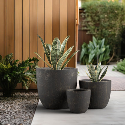 Kante 18",14",10" Dia Concrete Round Planters (Set of 3), Outdoor Indoor Large Planter Pots with Drainage Hole and Rubber Plug for Home Patio Garden, Oil Rubbed Bronze