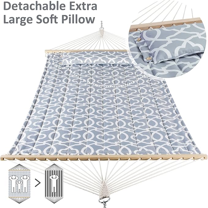 SUNCREAT Double Quilted Hammock with Hardwood Spreader Bar, Extra Large Soft Pillow, Heavy Duty 2 Person Hammock for Indoor, Outdoor, Grey Pattern