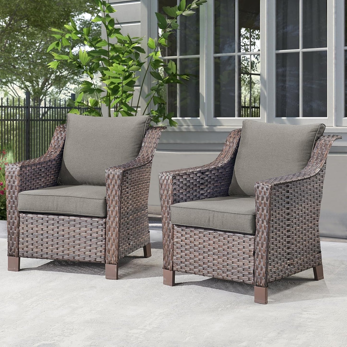 Outdoor Wicker Patio Chairs Set of 2 - Heavy Duty Outside Modern PE Rattan Lawn Chair for Front Porch Balcony Backyard Yard Deck Poolside Apartment – Brown/Grey