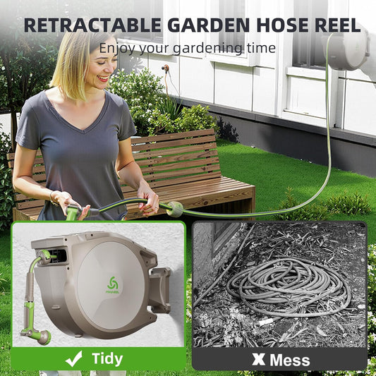PINWHEEL 5/8in 100FT Retractable Garden Hose Reel, Automatic Retractable Hose with 10-Pattern Spray Nozzle, 180° Swivel Bracket, 3-Layer PVC Durable Water Hose for Yard Lawn Care (100 FT)
