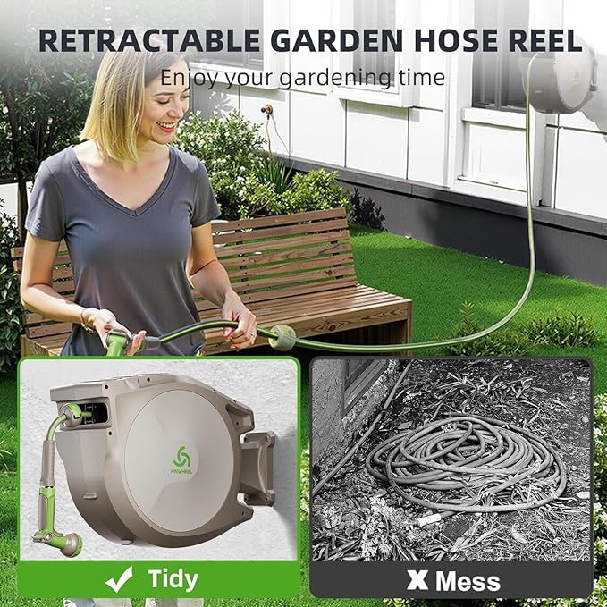 PINWHEEL 5/8in 75FT Retractable Garden Hose Reel, Automatic Retractable Hose with 10-Pattern Spray Nozzle, 180° Swivel Bracket, 3-Layer PVC Durable Water Hose for Yard Lawn Care