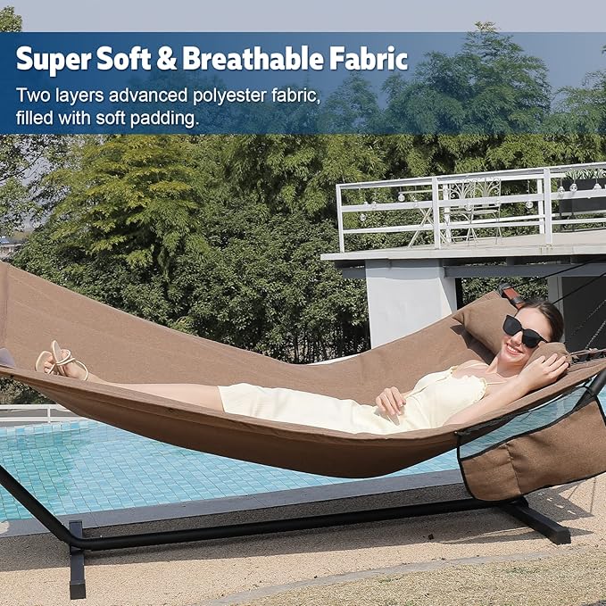 TegerDeger 12FT 2 Person Hammock with Stand Included 55 x 79IN Large Hammock 450LB Capacity with Hardwood Spreader Bar & Nylon Rope for Outside, Patio, Garden, Backyard, Beach, Poolside - Brown