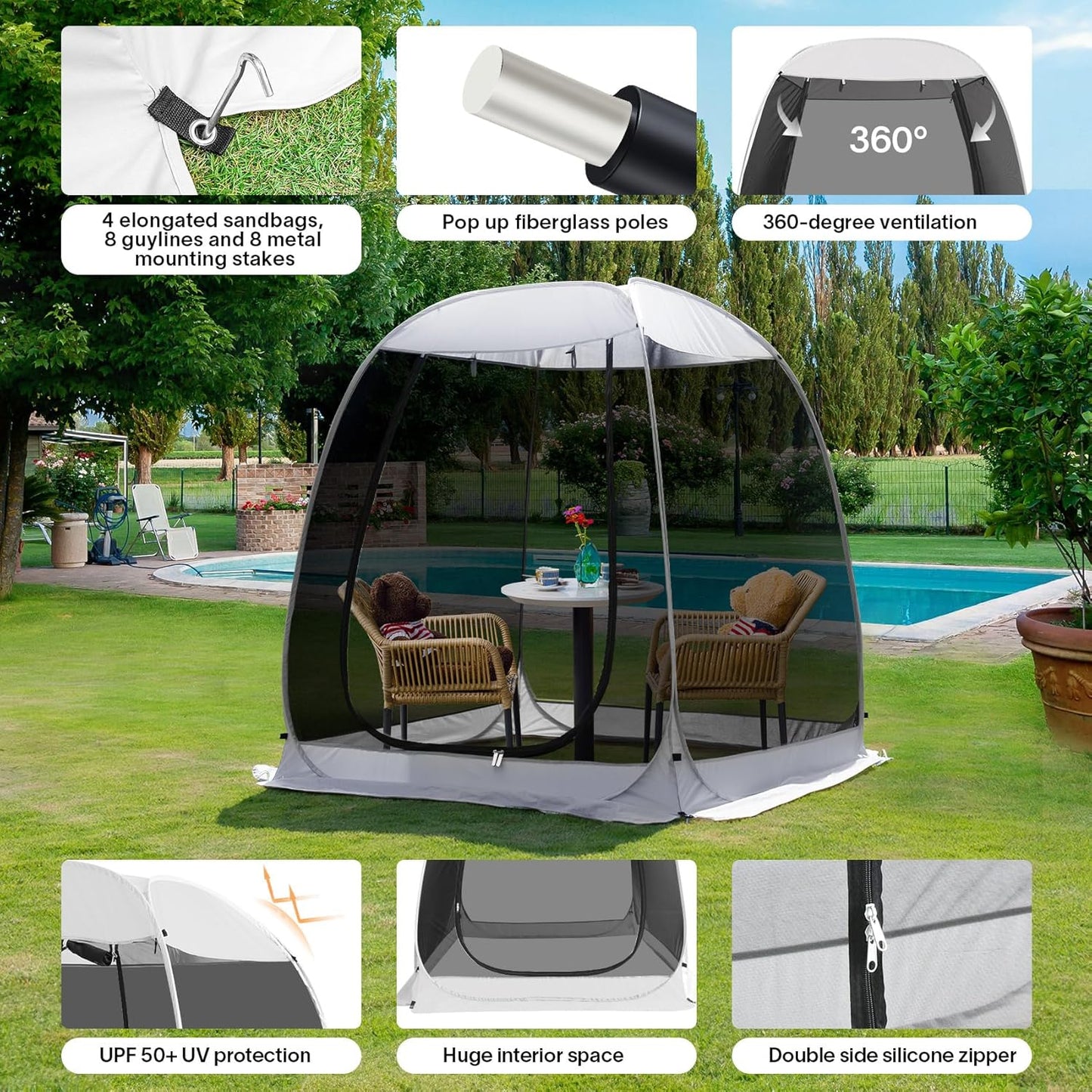 Alvantor Screen House Gazebo, 6-10-15 Person Pop Up Igloo Screened Canopy Tent with Mosquito Netting Sides, Instant UV Resistant Sun Shelter for Garden, Patio, Backyard