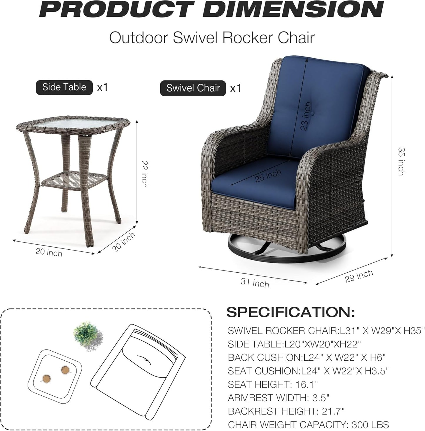 Joyside Outdoor Swivel Rocker Patio Chair and Matching Side Table - 2-Piece Wicker Patio Bistro Set with Premium Fabric Cushions (Brown Mixed with Grey/Blue)