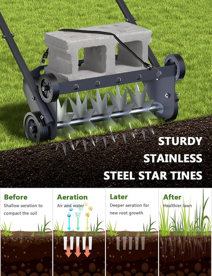 18-Inch Lawn Aerator Spike, Heavy Duty Push Spike Aerator, Rotary Lawn Aerator Tool, Manual Aerator Lawn Tool with Foam Armrests, Push Lawn Aerator with 4 Wheels for Lawn, Yard Aeration