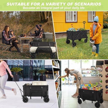 Wagons Carts Foldable Collapsible Wagon Utility Cart 300lbs 130L with Side Pocket and Brakes for Beach Garden Shopping Camping Sports