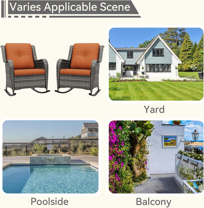 Outdoor Rocking Chair of 2, Wicker Patio Rocker Chair for Yard, Porch, Mixed Brown Grey Rattan, Orange Cushions