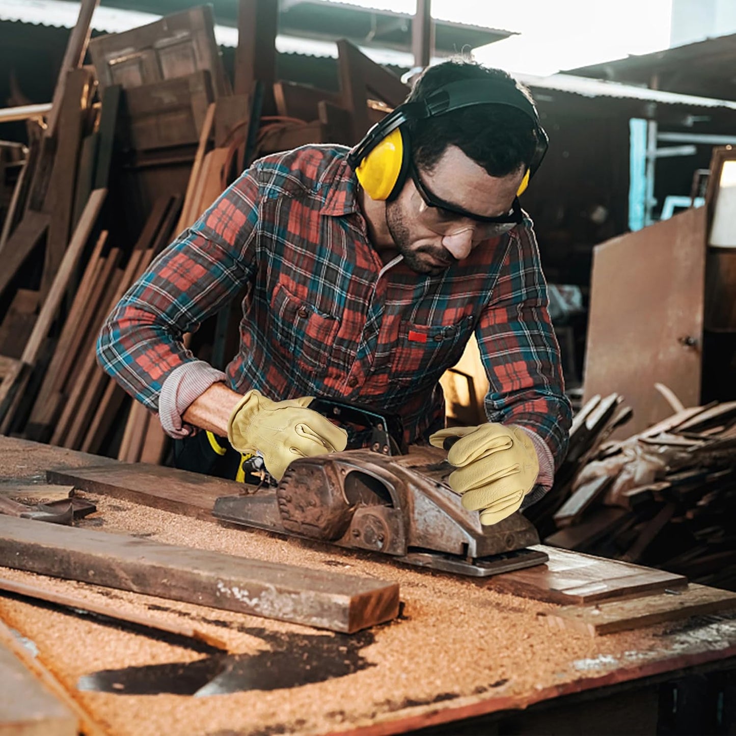 HLDD HANDLANDY Leather Work Gloves for Men & Women, Adjustable Wrist Cowhide Gardening Glove with Reinforced Palm for Driver