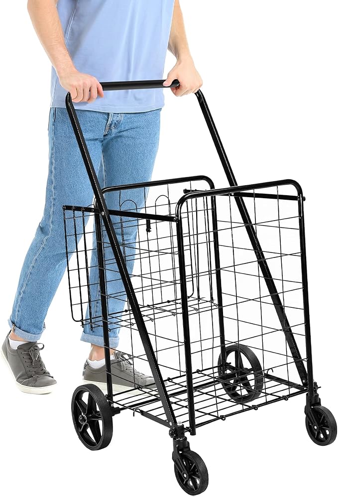 Amazon Basics Foldable Shopping Utility Cart with 360-Degree Wheels, Easy Assembly, Black, X-Large