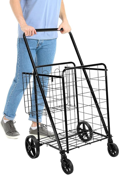 Amazon Basics Foldable Shopping Utility Cart with 360-Degree Wheels, Easy Assembly, Black, X-Large