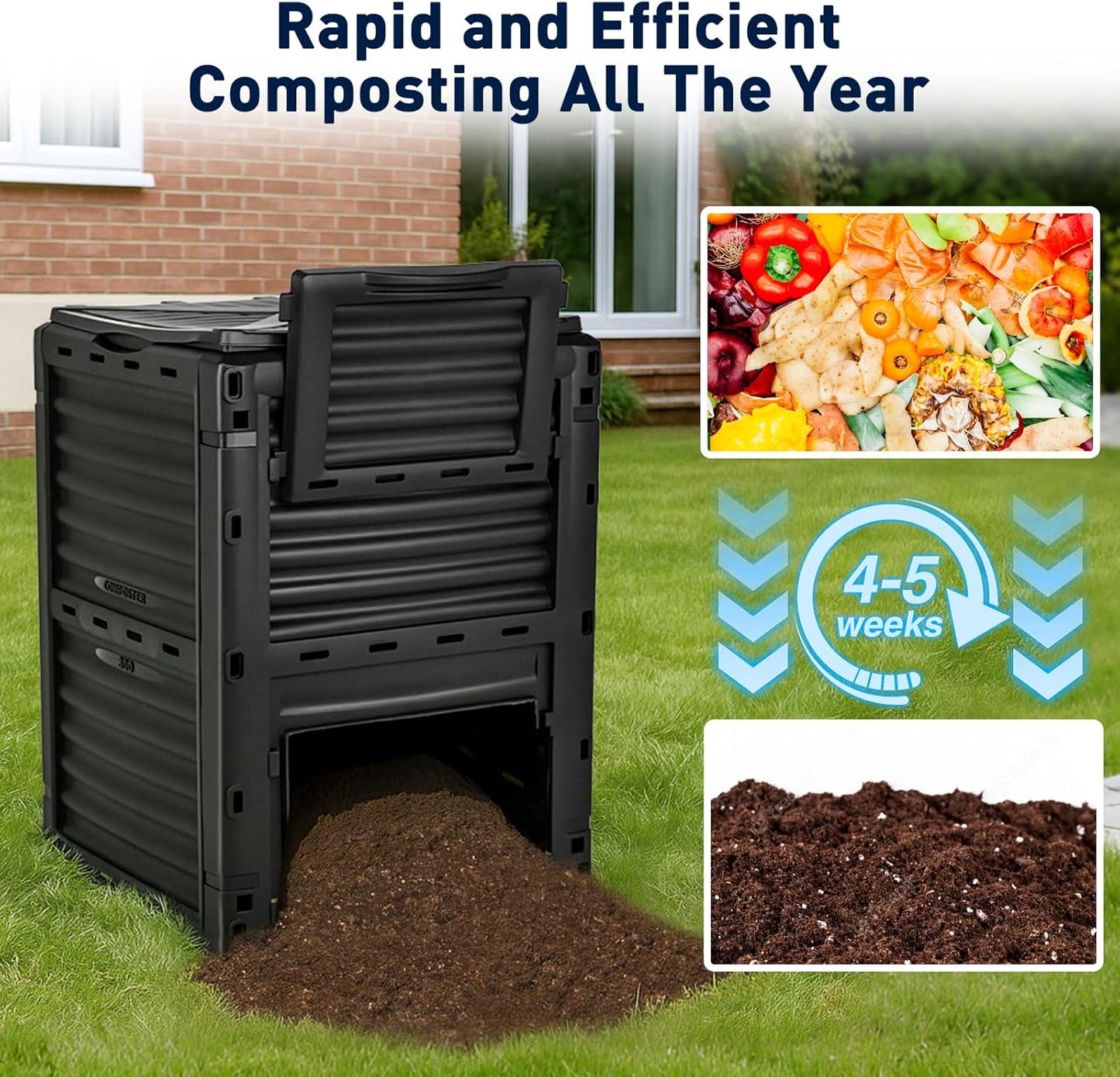 Yesker Outdoor Garden Compost Bin, 80 Gallon BPA-Free Large Capacity Composter for Backyard, Easy Assembly, Fast Fertile Soil Maker, Black