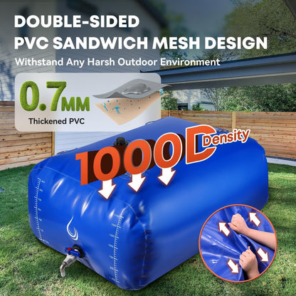 LANUEVA 528 Gal/2000L Portable Water Storage Bladder, 1000D PVC Foldable Water Tank with Spigots and Overflow Kit, Water Storage Containers for Emergency Water, RV, Irrigation&Camping (Blue, 2000L)