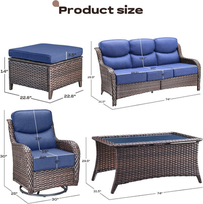 Wicker Outdoor Patio Furniture Set - 8 Piece Patio Conversation Sets with Swivel Rocker Chairs, Ottomans, Sofa and Coffee Table, 6 inch Cushions, Deep Seating, for Porch Deck Brown/Blue
