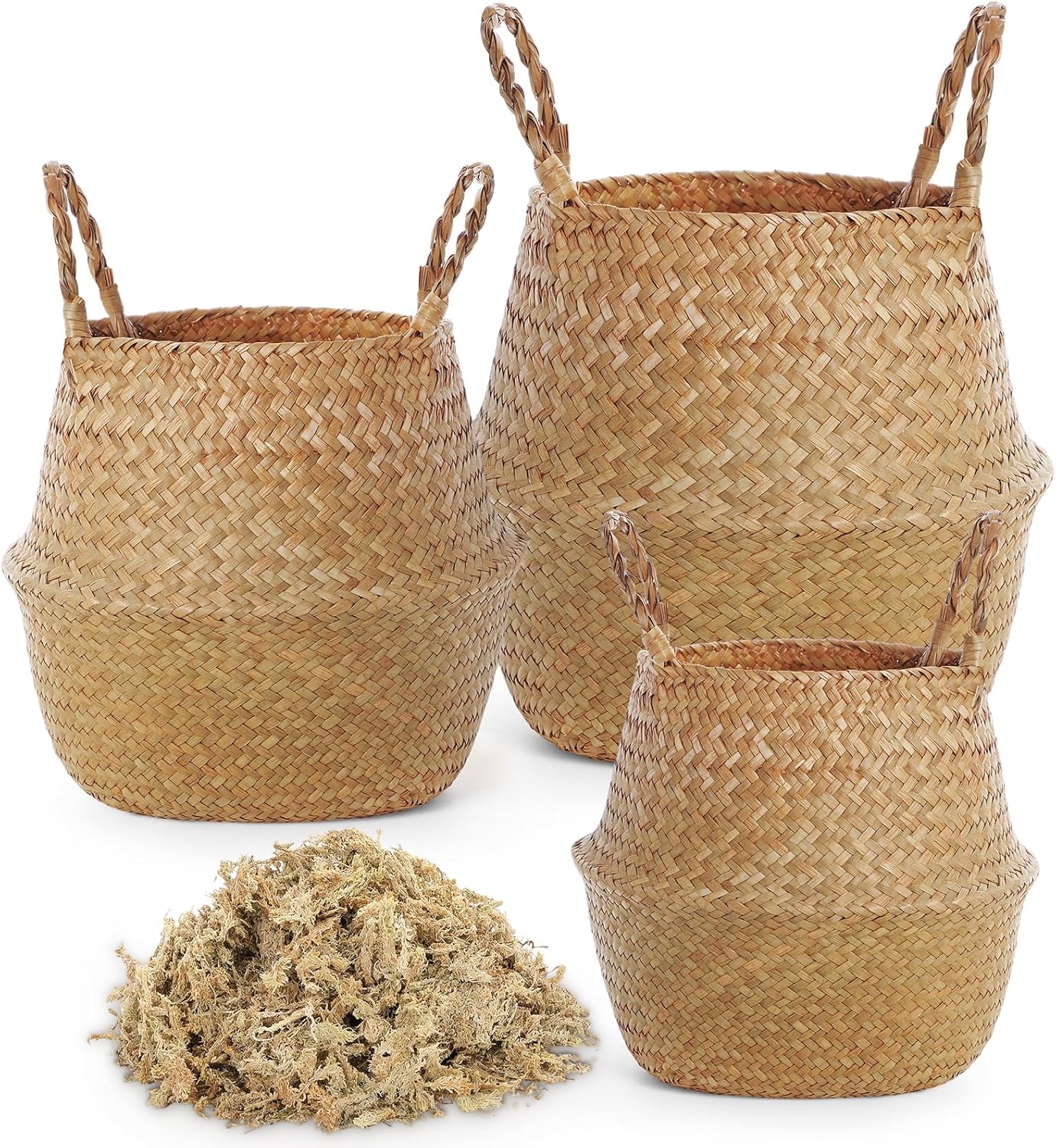 3 Pack Large Wicker Plant Basket with Handle 10 Inch Woven Seagrass Belly Basket and Artificial Moss for Plants Picnic Grocery Laundry House Storage Home Decor (Small,Medium,Large)