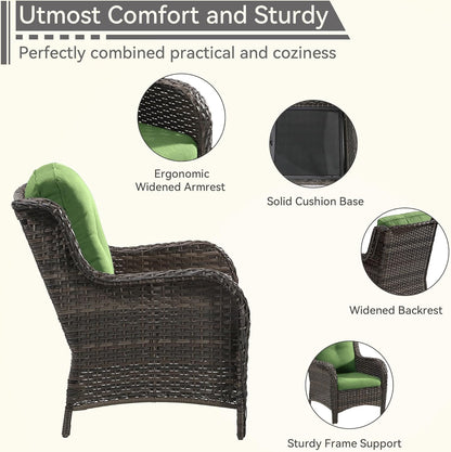 Patio Wicker Chairs Set of 2, Patio Rattan Dining Chairs with 3.5-inch Seat Cushions, High Back and Curved Armrest for Garden, Backyard, Balcony and Deck, Green