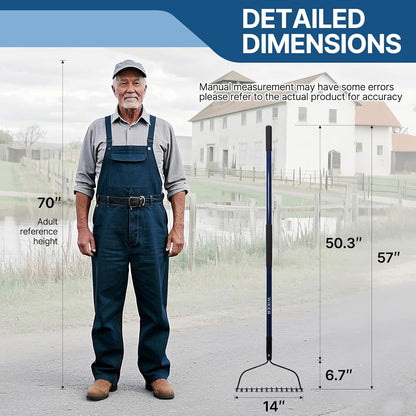 57 Inch Heavy Duty Garden Rake with Blue Fiberglass Handle - 14-Tooth Metal Yard Rake for Gardening, Farming, and Yard Work - Durable Hard Rakes for Heavy Duty Use