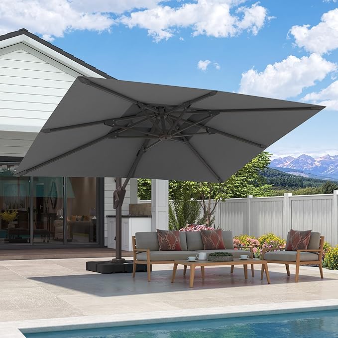 9x12 FT Cantilever Patio Umbrella Double Top Outdoor Rectangular Large Heavy Duty Aluminum Offset Umbrellas with 7 Level Tilt 360-degree Rotation for Pool Garden Deck, Grey