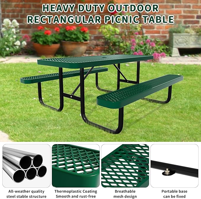 72'' Rectangular Steel Picnic Table for Outdoors,Commercial Metal Picnic Table Bench Set with Umbrella Hole,School Canteen Table W/Seats - Heavy Duty Sturdy Picnic Tables Furniture for Patio Garden