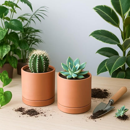 D'vine Dev X-Small 4 Inch Terracotta Plant Pot with Drainage Hole and Saucer, Round Cylinder Planter Pot for Indoor Plants, Set of 2, 40-X-B-1