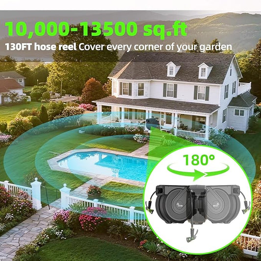 Retractable Garden Hose Reel 1/2" x130 ft, Automatic Hose Reel with 7 Pattern Nozzle, Any Length Lock Wall Mounted &180 Deg Swivel