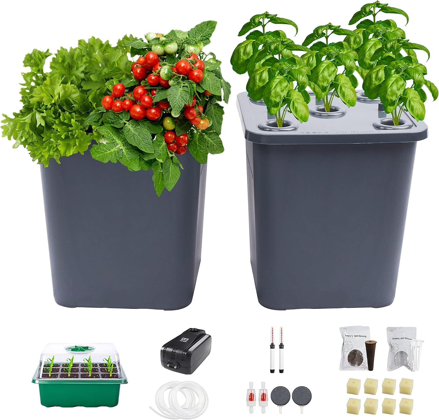 2 Hydroponic Buckets Kit for Plants, Hydroponics Growing System for Herbs/Tomato/Vegetables, DWC System with Air Pump & Germination Tray (Complete Indoor Hydroponic Gardening Supplies)