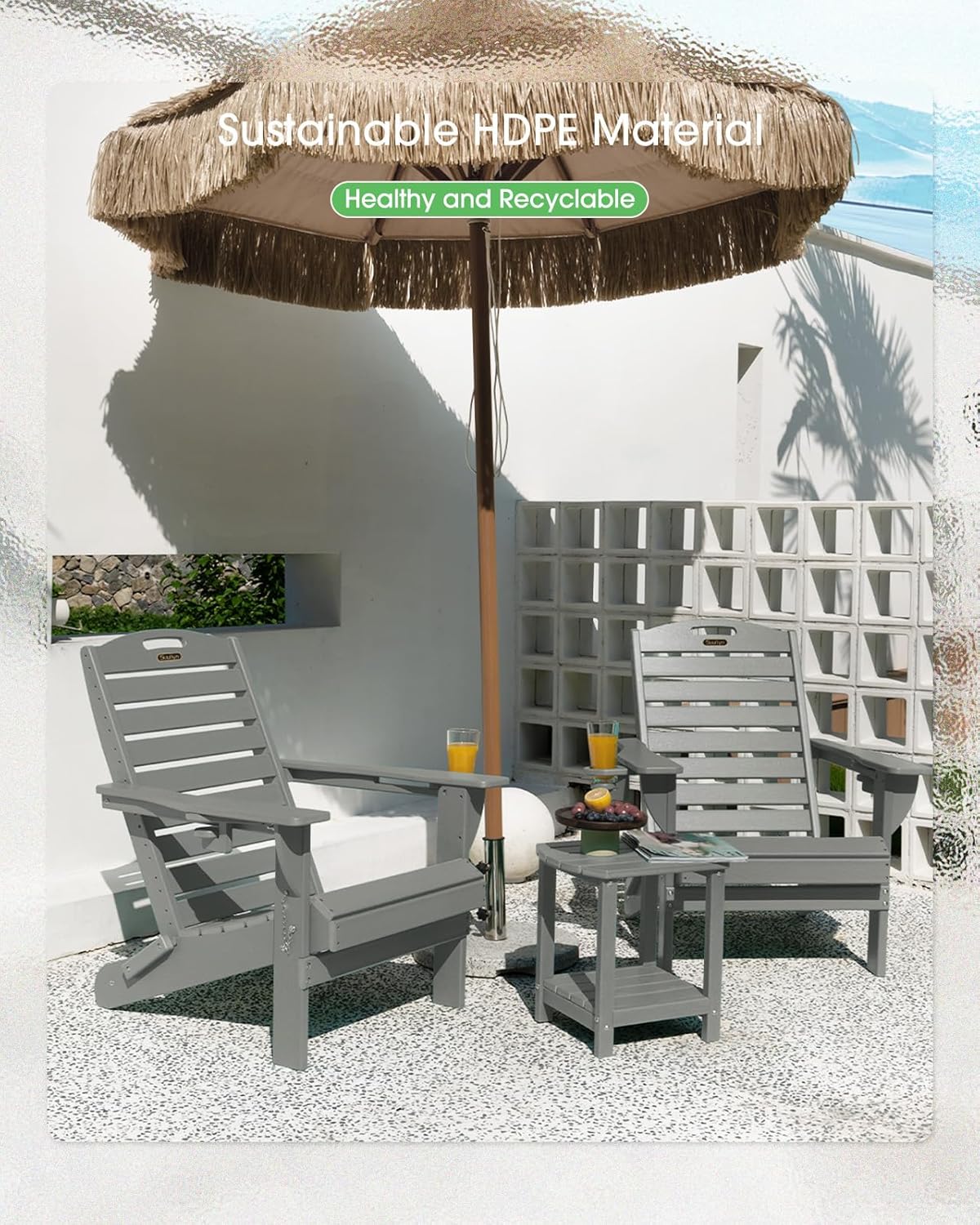 Adirondack Chairs Set of 4, Outdoor Fire Pit Chairs, HDPE All-Weather Adirondack Chairs with Cup Holder, Lawn Chair for Deck, Patio, Garden (Grey)