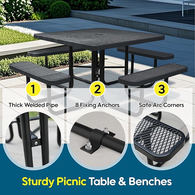 46" Square Picnic Table W/Benches,Heavy Duty Metal Picnic Table Set with 2in Umbrella Hole, 1600 lb Capacity,Commercial Dining Table Furniture for Yard Patio Lawn Party Coffee Shop