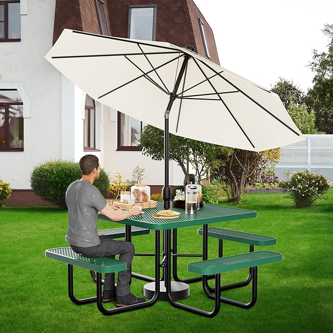 46" Square Picnic Table for Outside,Heavy Duty Metal Picnic Table Bench Set with 2in Umbrella Hole, 1600 lb Capacity,Commercial Dining Table Furniture for Garden Yard Patio Party Coffee Shop