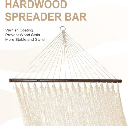 Lazy Daze Hammocks 10.5 FT Double 2 Person Caribbean Rope Hammock, Hand Woven Polyester Hammock with Spreader Bars, for Outside Outdoor Backyard Patio Poolside,450 LBS Capacity, Cream