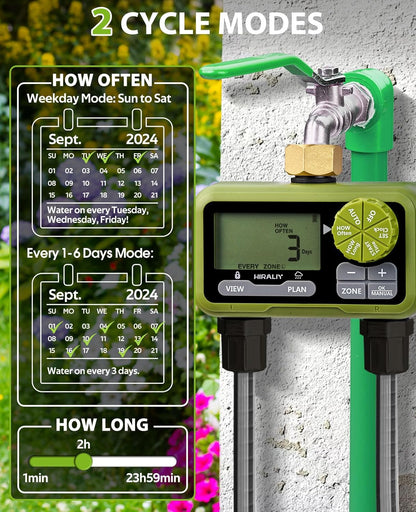HIRALIY Sprinkler Timer, Water Timer for Garden Hose 2 Zone, Programmable for Watering, Automatic Irrigation System for Yard Lawn, Brass Connector, IP65 Waterproof