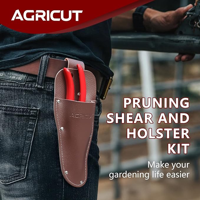 AGRICUT Pruner and Leather Holster - 1 Inch Cut Capacity Hand Clippers PU Holster for Pruning Shears