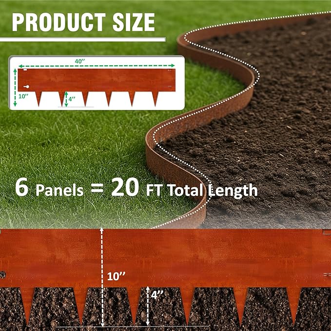 40"x10" Corten Steel Landscape Edging, 6-Pack (20ft Total) – Rusted Metal Garden Border, Lawn & Flower Bed Edging, Decorative Hammer-in Outdoor Landscaping Border for Yard, Pathways & Driveways
