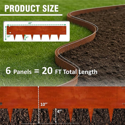40"x10" Corten Steel Landscape Edging, 6-Pack (20ft Total) – Rusted Metal Garden Border, Lawn & Flower Bed Edging, Decorative Hammer-in Outdoor Landscaping Border for Yard, Pathways & Driveways