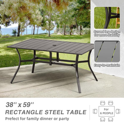 Aoodor Patio Dining Table for 6 People, 59" L x 38" W Rectangular Metal Outdoor Dining Table with Adjustable Umbrella Hole for Garden, Poolside, Backyard