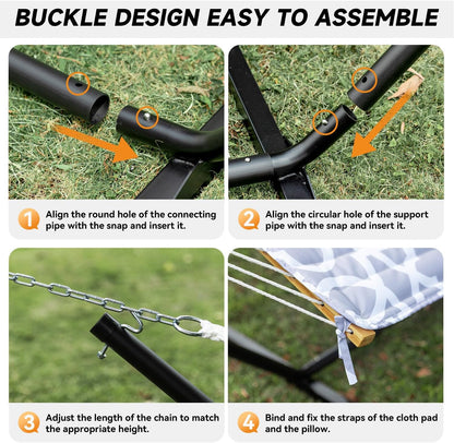 2 Person Outdoor Hammock with Stand, Cotton Rope Hammock with Polyester Pad, Adjustable Steel Frame, Portable with Carrying Bag – for Patio, Backyard, Garden, Beach, White-Gray