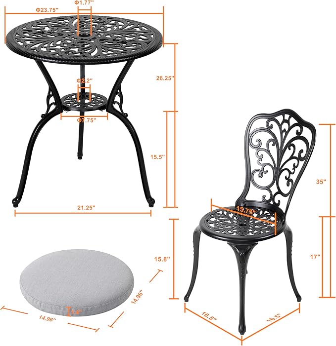 NUU GARDEN Bistro Set 3 Piece Outdoor All Weather Cast Aluminum Patio Bistro Set Patio Table and Chairs Set of 2 with Umbrella Hole and Gray Cushions for Backyard, Balcony, Lawn, Black
