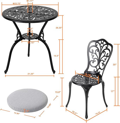 NUU GARDEN Bistro Set 3 Piece Outdoor All Weather Cast Aluminum Patio Bistro Set Patio Table and Chairs Set of 2 with Umbrella Hole and Gray Cushions for Backyard, Balcony, Lawn, Black