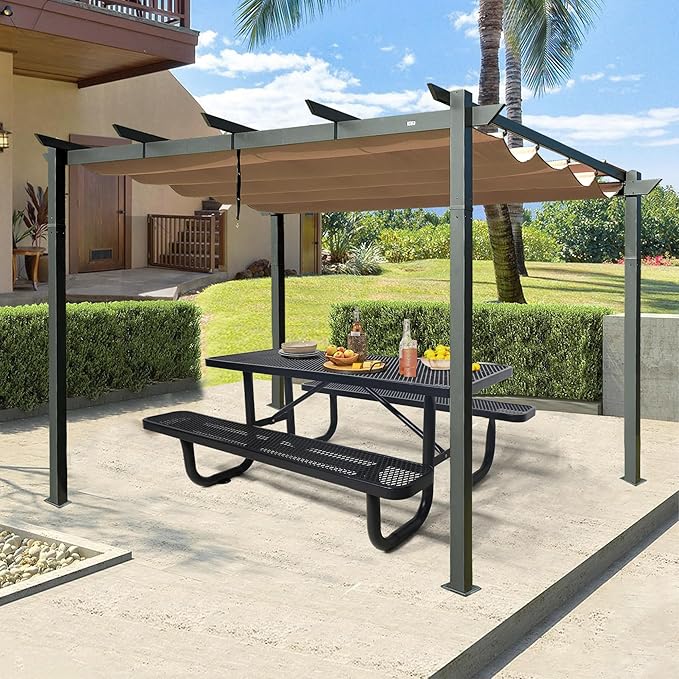 6FT Rectangular Steel Outdoor Picnic Table,Commercial Black Picnic Table Bench Set with Umbrella Hole, Weather-Resistant Heavy Duty School Dining Table for Patio, Garden, Backyard